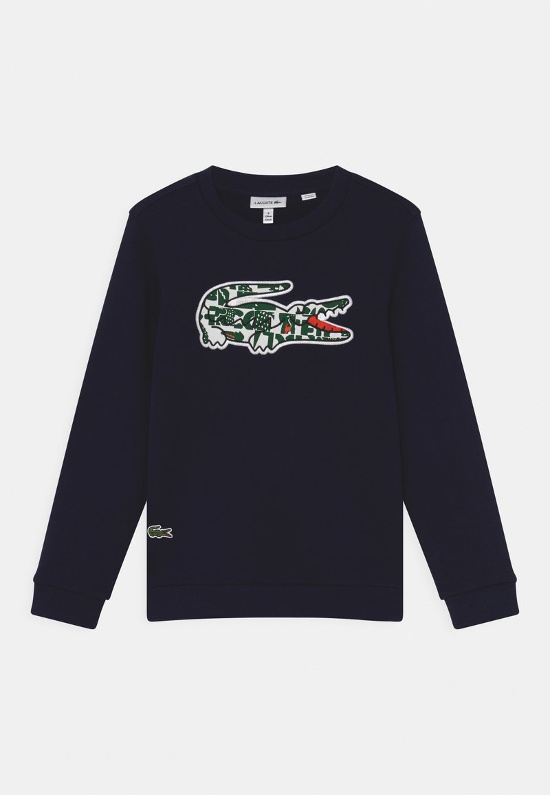 Felpa navy in cotone, con un grande logo di coccodrillo ricamato in verde e rosso sul petto e un piccolo logo sull'orlo.