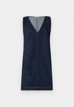 Abito senza maniche in denim, blu scuro, scollatura a V, zip frontale, dettagli di cucitura minimi, silhouette dritta, texture liscia.
