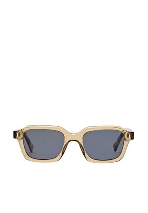 Light beige rectangular sunglasses with dark gray lenses, featuring a thick frame and subtle logo accents on the temples.