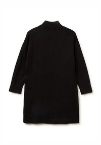 Abito in maglia nera con collo alto, maniche lunghe e polsini a costine. Texture morbida e vestibilità ampia, adatto per essere indossato a strati.