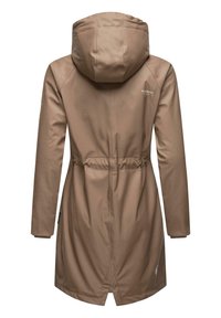 Water-resistant, beige women's coat with a hood, drawstring waist, long sleeves, and side pockets. Smooth texture, modern design.