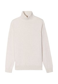 Suéter de tortuga beige claro hecho de un material de punto suave, con mangas largas y puños y dobladillo acanalados. Diseño de ajuste estándar.
