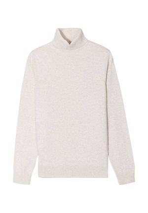 Hellbeiges Rollkragenpullover aus weichem Strickmaterial, mit langen Ärmeln und gerippten Bündchen und Saum. Standardpassform.