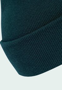 Berretto lavorato a maglia verde scuro con una texture a coste. Il materiale sembra morbido ed elastico, con un orlo arrotolato nella parte inferiore.