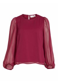Blusa trasparente bordeaux a maniche lunghe con maniche a sbuffo, scollo rotondo e chiusura a bottone sul retro.