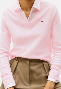 Maglione rosa a V in materiale knit, con polsini a coste e un piccolo logo. Indossato sopra una camicia bianca con colletto e pantaloni marroni.