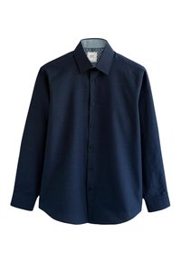 Marineblauw overhemd met knopen, voorzien van een textuurpatroon, klassieke kraag, lange mouwen en zwarte knopen. Voering van de kraag met een contrasterend patroon.