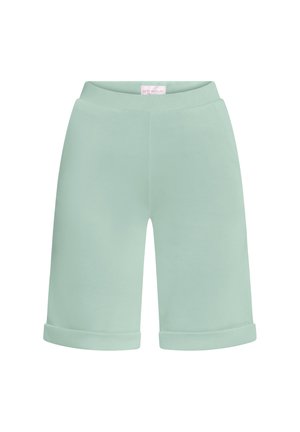 Lichtgroene knielange shorts met opgerolde zoom en een aansluitende tailleband, getoond tegen een witte achtergrond.