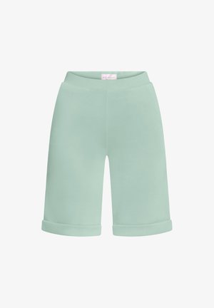 Lichtgroene knielange shorts met opgerolde zoom en een aansluitende tailleband, getoond tegen een witte achtergrond.
