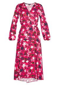 Abito avvolgente floreale con uno sfondo rosa intenso e fiori bianchi e blu navy. Maniche lunghe e una cintura da annodare mettono in risalto la vita. Tessuto morbido.