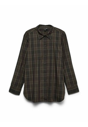 Chemise à manches longues en tissu marron foncé avec un motif à carreaux présentant des accents verts et jaunes, avec des boutons sur le devant et un col pointu.