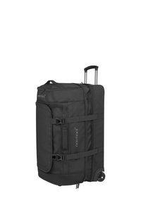 Schwarze Rolltasche mit einem großen Hauptfach, zwei verstellbaren Trägern, einem Teleskopgriff und leichtgängigen Rollen.