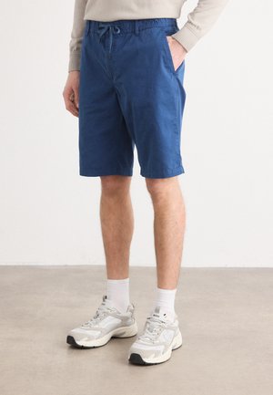 Blå bomuldsshorts med en elastisk talje og snor, med sidelommer og en afslappet pasform. Båret med grå sneakers og hvide sokker.