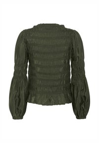 Dunkelgrüne Bluse mit langen Ärmeln und Puffärmeln, gerafftem, smockiertem Stoff und Rüschensaum, von hinten gezeigt.