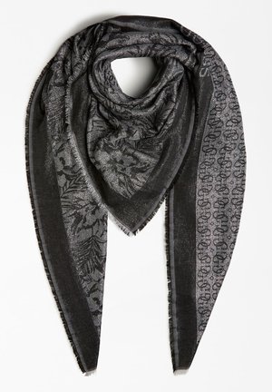 Dark gray triangular scarf with floral and geometric patterns, woven texture, and fringed edges, displayed flat with a central loop.