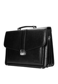 Black leather briefcase with a structured design, featuring a metal clasp, a top handle, and multiple compartments for organization.