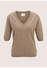 Beige v-hals trui met korte mouwen, zachte textuur, geribbelde halslijn en manchetten, casual dropped shoulder ontwerp, geschikt om te combineren in laagjes.