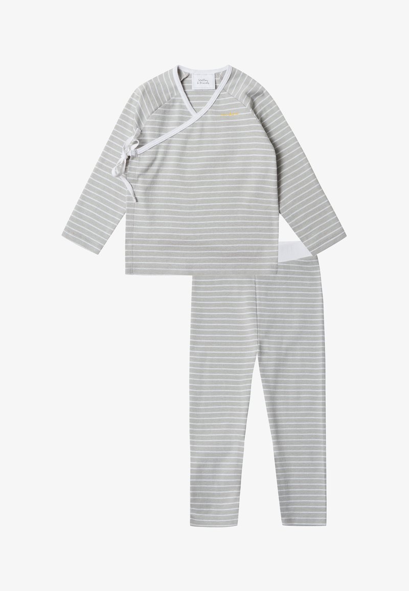 Grijs-wit gestreept tweedelig pyjama-set met een wikkeltop met striksluiting en bijpassende slim-fit broek. Zachte stof.