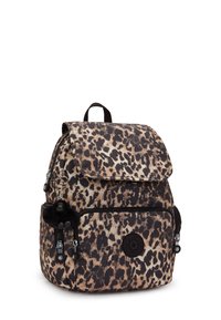 Ryggsäck i leopardmönstrad tyg med lockstängning, handtag upptill, framficka med dragkedja och dragkedjeremsa med pom-pom-detalj. Svarta accenter.
