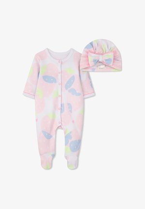 Body per neonati e cappellino abbinato con stampa di fragole in tonalità pastello, con bottoni automatici sul davanti e un fiocco sul cappellino.