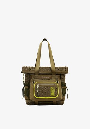 Žalia daugialypės paskirties nešamųjų maišas su tekstūruotu audinio raštu, dviem tvirtais rankenomis ir priekinėmis užtrauktuko kišenėmis su neoninės geltonos spalvos akcentais.