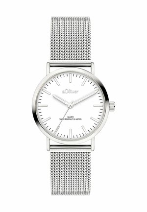 Orologio da polso in argento con quadrante rotondo bianco, indicatori delle ore minimalisti, tre lancette, cinturino in metallo a maglia e marchio "s.Oliver". Resistente all'acqua fino a 50 metri.