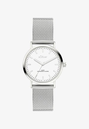 Zilveren polshorloge met een wit, rond uurwerk, minimale uurmarkeringen, drie wijzers, metalen mesh band en "s.Oliver" merknaam. Waterbestendig tot 50 meter.