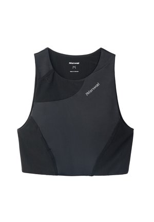 Black athletic crop top with a seamless design, featuring a round neck, various textured panels, and subtle branding in the upper left.