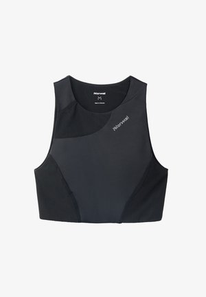 Crop top de sport noir au design seamless, avec un col rond, divers panneaux texturés, et un branding subtil en haut à gauche.