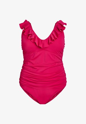 Roosa ühekosaline ujumisriietus, millel on volangkaelus, volditud külgedega ja sügava V-kaelusega disain. Valmistatud venivast, siledast kangast.