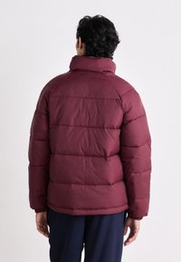 Giacca trapuntata bordeaux con colletto alto, design trapuntato e polsini elastici. Il tessuto presenta una texture liscia e opaca. Vista posteriore mostrata.