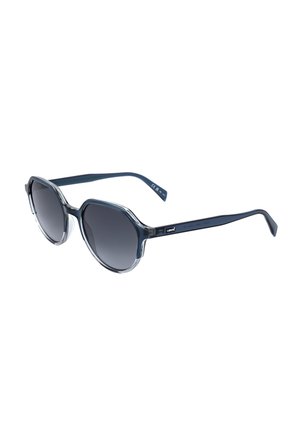 Occhiali da sole rotondi grigio scuro con montatura nera traslucida e logo Levi's sulla stanghetta, mostrati su sfondo bianco.