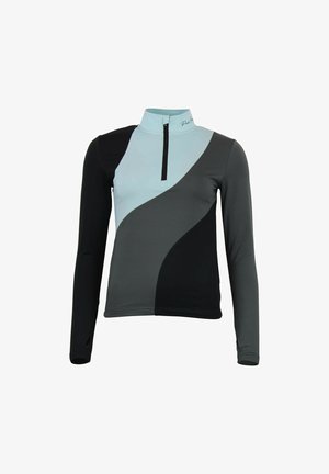 Haut à manches longues avec un zip quart, présentant un design coloré en bleu clair, gris et noir. Fabriqué en tissu doux et extensible.