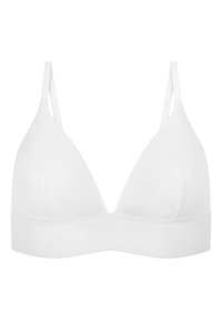 Bralette blanca y ligera con forma triangular, tirantes delgados ajustables y una banda elástica suave. Textura lisa, sin relleno ni aros.