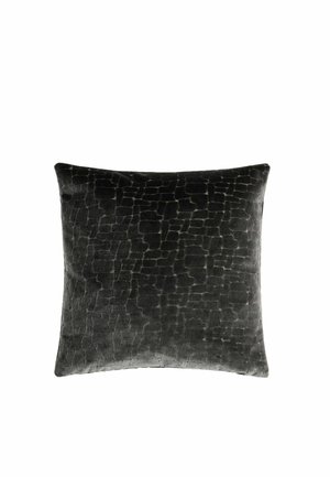 Square dark gray velvet cushion with a subtle textured pattern resembling irregular shapes across the surface.