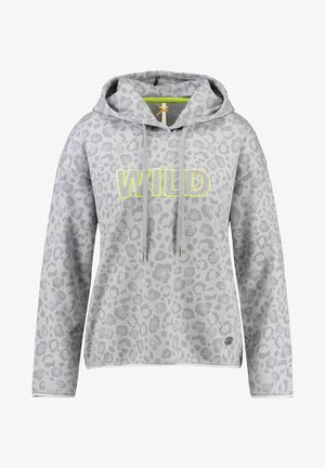 Jasnoszara bluza z kapturem w lamparcie cętki, z troczkami i neonowożółtym haftowanym napisem "WILD" na piersi.