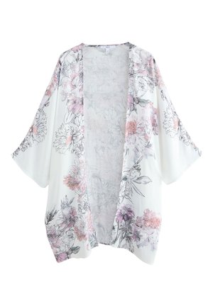 Witte kimono-vest met brede mouwen en roze, paarse en grijze bloemenpatronen over de hele stof.