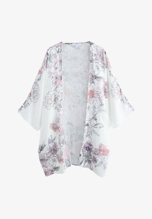 Biały kardigan w stylu kimono z szerokimi rękawami i różowo-fioletowo-szarymi kwiatowymi wzorami na całej powierzchni.