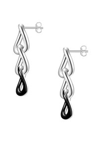 Sudrabaini un melni auskari ar savītu, abstraktu dizainu. Izgatavoti no metāla ar gludu tekstūru un drošu pīrsingu fiksāciju.