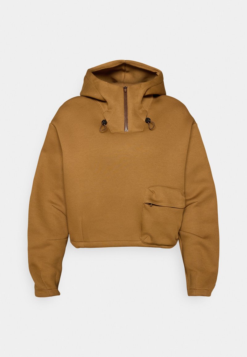 Brauner, kurz geschnittener Hoodie mit Fronttasche, Halb-Reißverschluss, Kordelzügen an der Kapuze und langen Ärmeln.