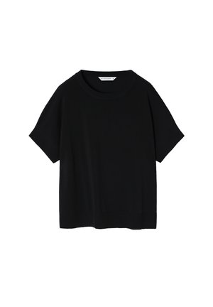 Melnas īsām piedurknēm crew-neck džemperis, izgatavots no mīksta auduma, ar brīvu piegriezumu, taisnu apakšmalu un smalkiem ribu akcentiem uz piedurknēm.
