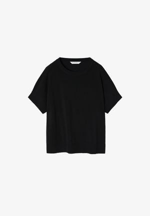 Schwarzer Kurzarm-Pullover mit Rundhalsausschnitt, aus weichem Stoff, bietet eine lockere Passform, geraden Saum und dezent gerippte Akzente an den Ärmeln.