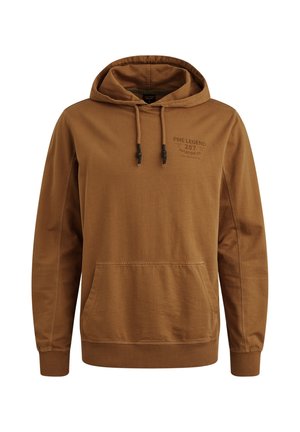 Hnedá bavlnená mikina s predným klokankovým vreckom, nastavitelnou kapucňou so šnúrkou, ribovanými manžetami a logom potlačeným na hrudi.