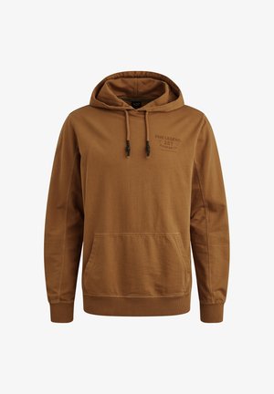 Rjava bombažna jopica s sprednjim kenguru žepom, nastavljivim kapuco na vrvico, rebrastimi manšetami in natisnjenim logotipom na prsih.