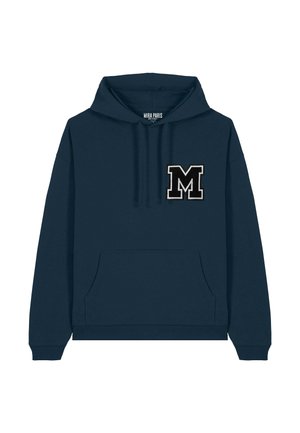 Navy blue hoodie with a front pocket, drawstring hood, and a large embroidered "M" logo on the left chest. Soft fabric texture.