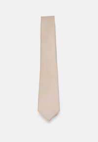 Beige Krawatte mit strukturiertem, gewebtem Muster. Schlanke Form und spitze Spitze. Glatte Stoffoberfläche in neutraler Farbe, die für verschiedene Anlässe geeignet ist.