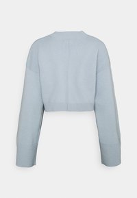 Lyhyt villapaita vaaleansinisessä värissä, jossa on pitkät hihat, ribbireunat hihoissa ja helmassa, sekä sileä neulepinta yksinkertaisella ja minimalistisella muotoilulla.