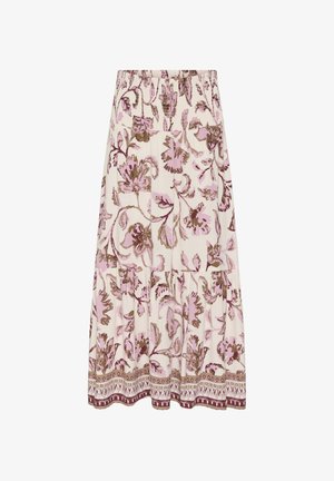 Midi suknja s ružičastim i smeđim cvjetnim uzorkom na krem podlozi, s gumicom u struku i ukrasnim rubom na donjem dijelu.