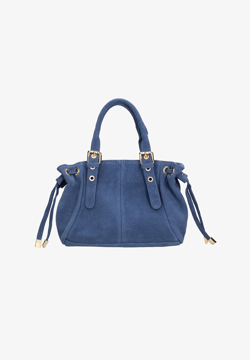 Borsa in suede blu con doppie maniglie superiori, dettagli in metallo dorato, chiusura a coulisse e forma strutturata.