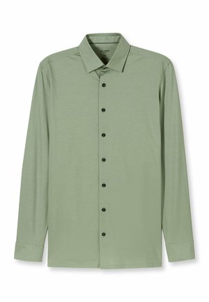 Hellgrünes Langarmhemd mit klassischem Kragen, dunkelgrünen Knöpfen und einem glatten, strukturierten Stoff.